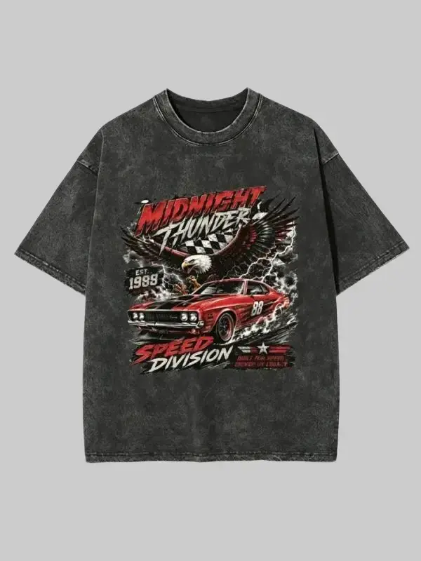 Vintage-wash T-shirt featuring a blend of eagle, racing flag, and lightning motifs; designed with a relaxed, drop-shoulder fit, a crew neck, and short sleeves—ideal for casual summer wear. Menswear Top Man Tshirt