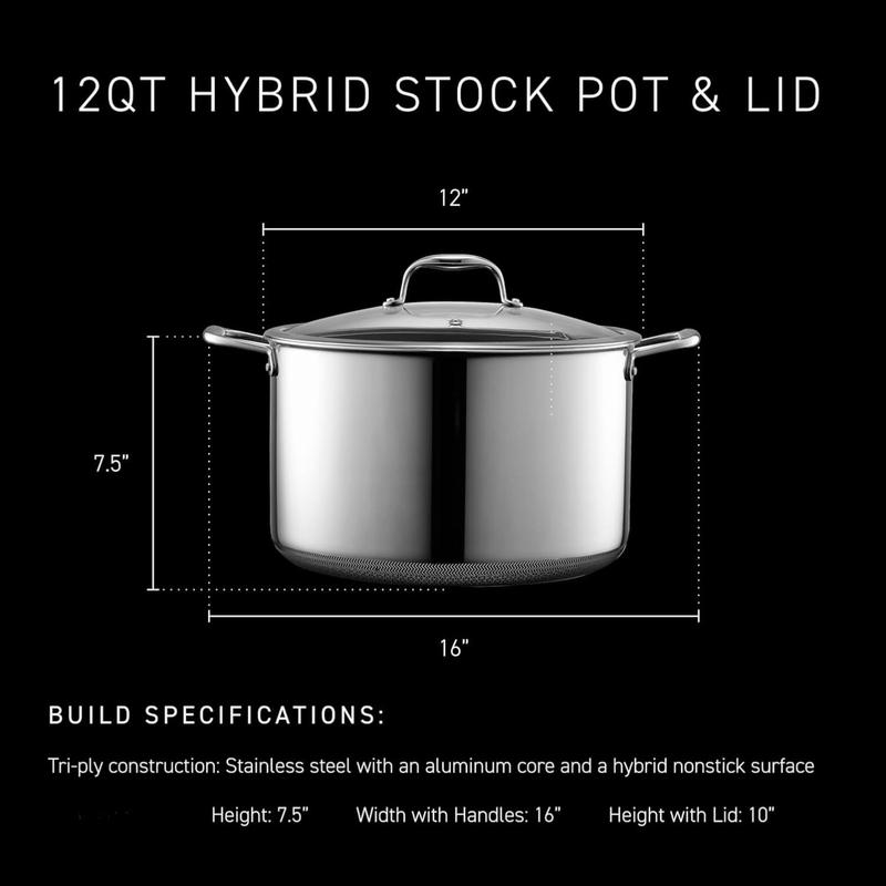 HexClad Hybrid Nonstick 12-Quart Stockpot with Tempered Glass Lid, Stay-Cool Handles, Dishwasher-Friendly, Oven-Safe Up to 900°F, Induction Ready, Compatible with All Cooktops
