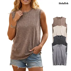 Holafish Oversized Womens & Mens Pure Cotton Workout Tank Tops Sleeveless Tee Shirts Unisex Gym Acid Wash T Shirts Running Beach Loose Fit Tee - Basic, Menswear