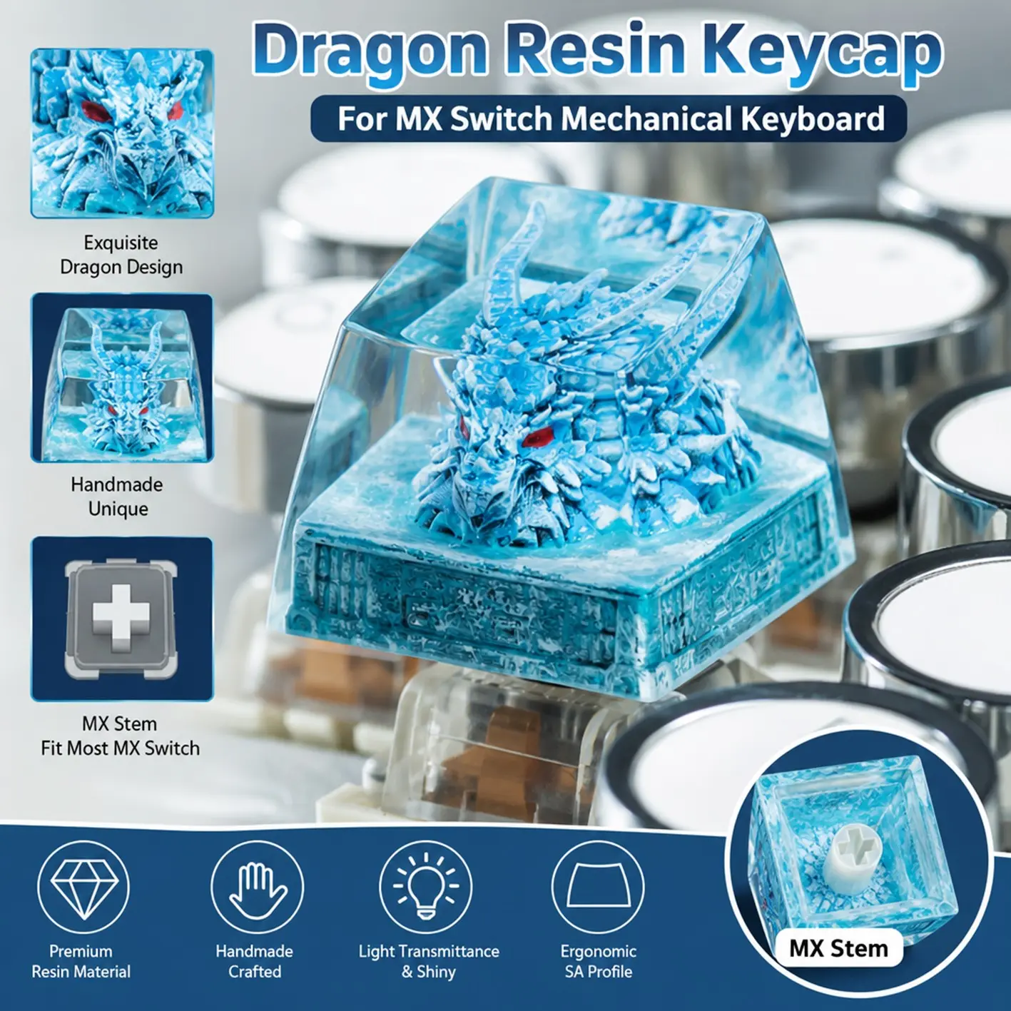 Artisan Keyboard Ice Dragon Resin Escape Custom Esc 1u Sa R1 Ergonomic, Light Transmittance, Handmade Mx Switch Design Mechanical Keyboard Cover, Exquisite Unique Craftsmanship