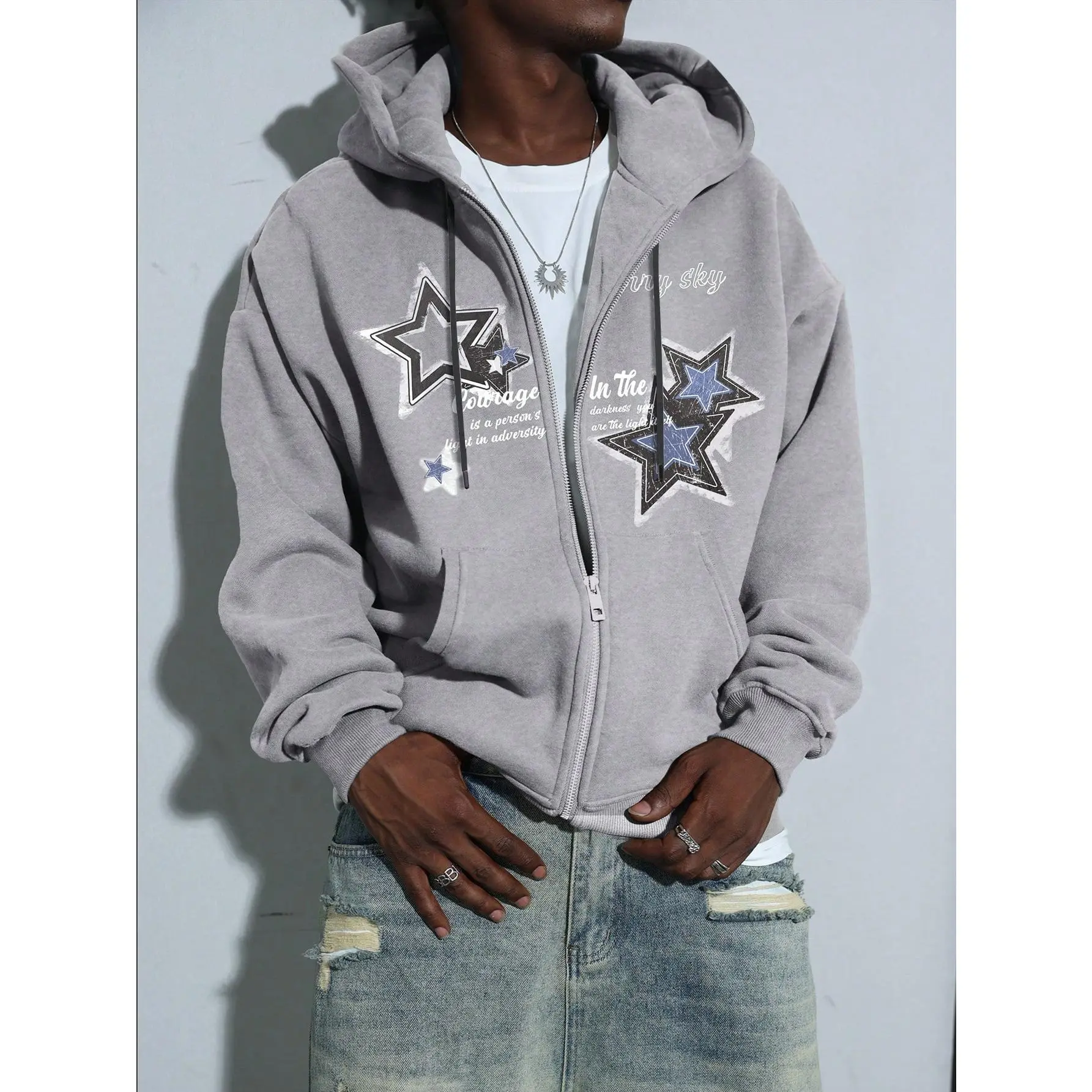 Men's Casual Bold Star & Slogan Print Hooded Sweatshirt - Adjustable Drawstring, Soft Streetwear Fabric, Autumn/Winter Menswear Tops, Hoodies & Sweatshirts, Graphic Sweatshirts