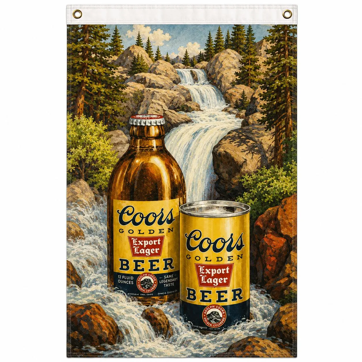 Coors Vintage 3x5 Ft Festive Flag, Rocky Mountain Waterfall Bottle-Can Banner, Retro Colorado Wall Decor for Garage, Man Cave