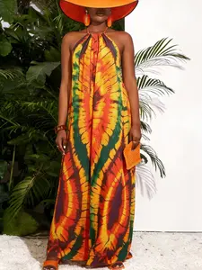 Plus Size Women's Summer Casual Colorful Plant Print Holiday Vacation Loose Backless Dress, Sleeveless Long Dress, Botanical Style
