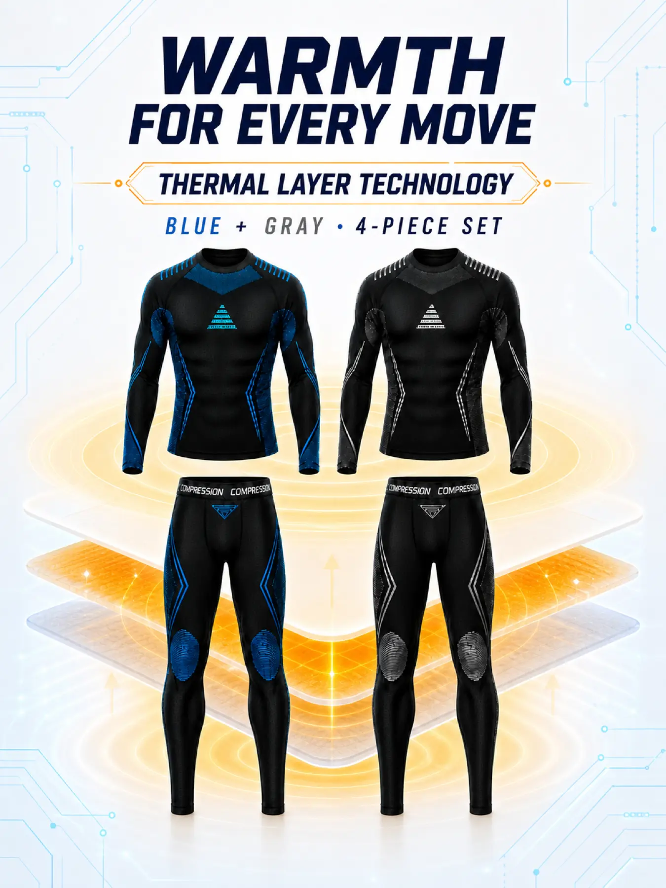 Men's 4-Piece Thermal Long Underwear Set, Warm Compression Shirts & Leggings, Winter Base Layer for Running, Skiing, Hiking & Training
