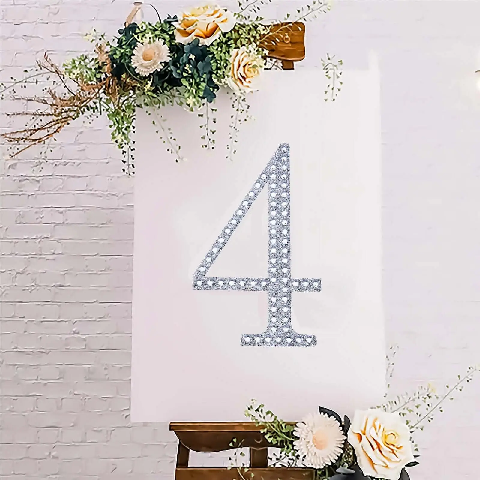Decorative Rhinestone Number "4" Stickers 8", Silver Glitter Adhesive Craft Numbers - DIY Sparkle Embellishments
