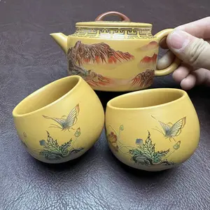 Traditional Chinese Hand-Painted Landscape Painting Teapot with Two Matching Cups Featuring Butterfly and Floral Design.H017