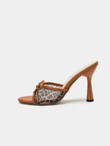 Women's Summer Breathable Mesh High Heel Sandals, Leopard Print Bow Design, Square Toe, Wine Glass Heel, //, Party & Casual Wear Footwear, Elegant Party Shoes