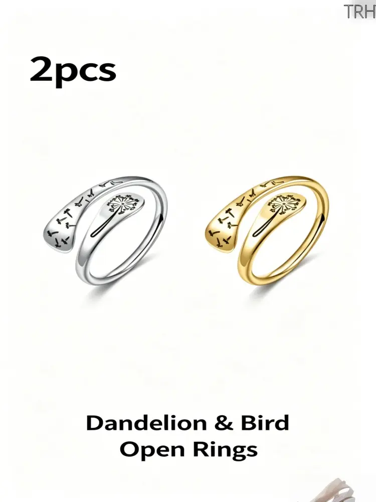 2pcs Adjustable Dandelion Open Ring, Vintage Flower Statement Ring for Women, Make A Wish Stackable Ring, Boho Minimalist Jewelry for Summer, Birthday Anniversary Gift, Trendy All-Match Accessory
