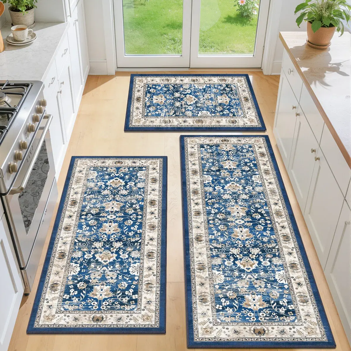 LOKHOM Farmhouse Kitchen Rugs Sets of 3 Non Slip Washable Floral Kitchen Rugs and Mats for Floor Kitchen Runner Rug Floor Carpet for Kitchen, Laundry, Hallways