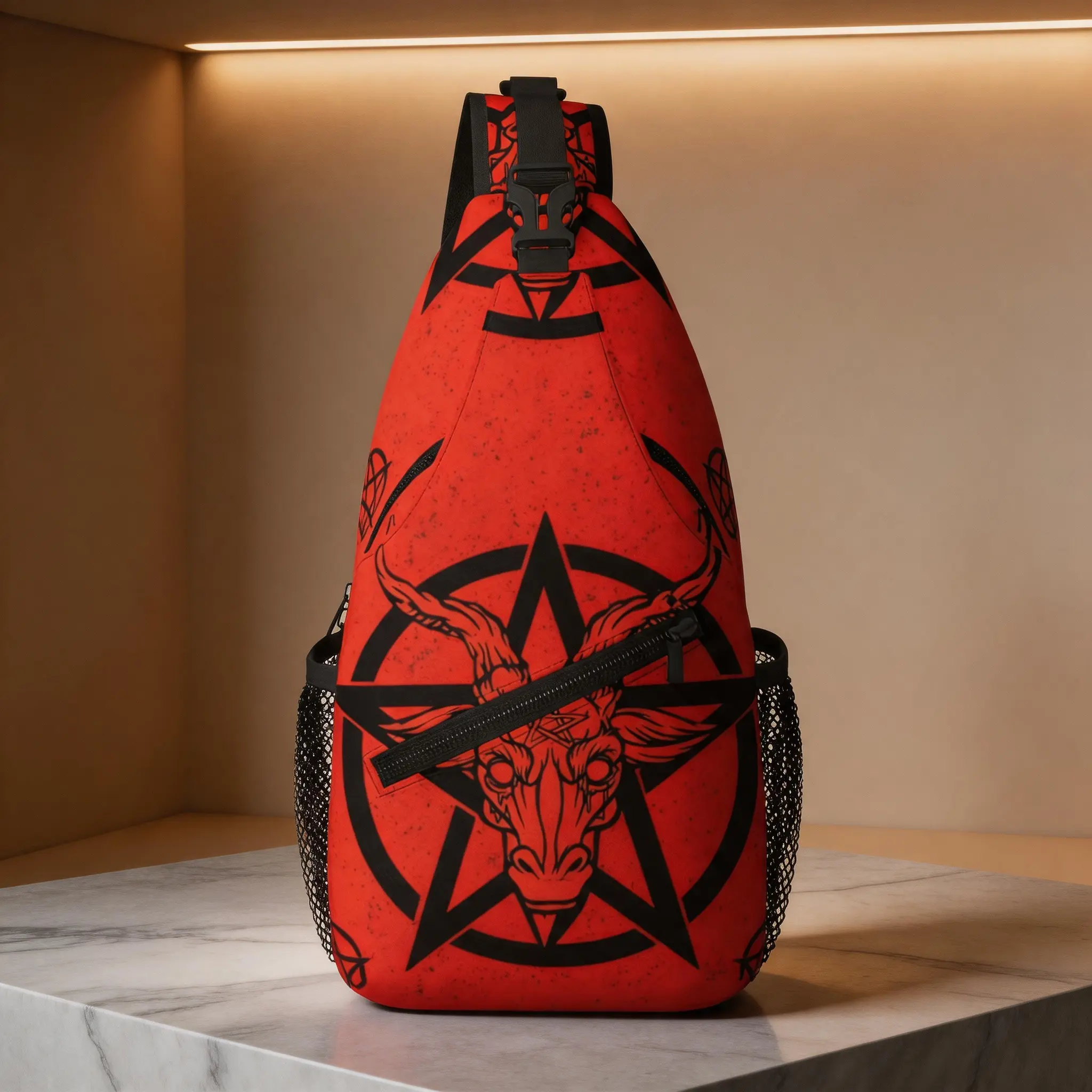 [Made in US] Crossbody Chest Bag Hiking Backpack Red Satanic Pentagram Shoulder Bag Folding Large Capacity Fashion Durable Can Be Used for Shopping, Work, Leisure Travel Beach Bag Fishing Backpack sling