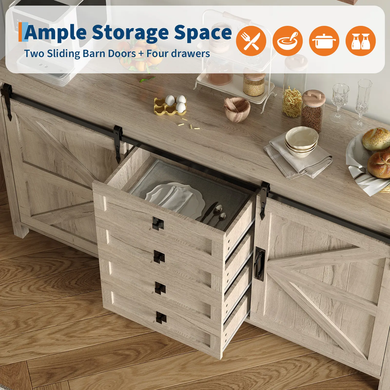 Farmhouse Sideboard Buffet Cabinet – 60" Rustic Wood Storage with Sliding Barn Doors & 4 Drawers – Antique White Kitchen Coffee Bar for Dining Room, Living Room, TV Console