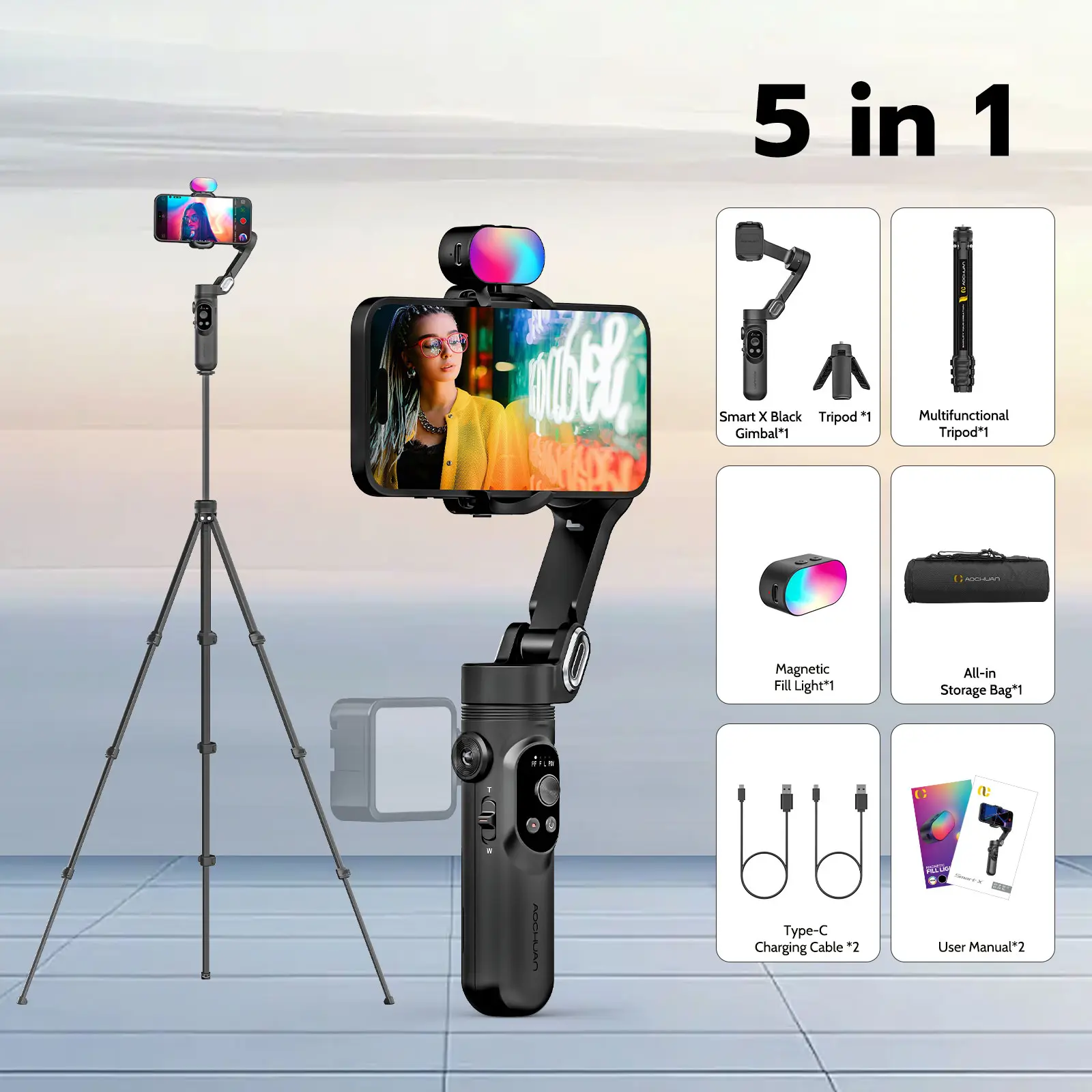 Auchuan Smart X Complete Combo1 3-Axis Gimbal Stabilizer Vlogging Kit - Smartphone Camera Accessory, 50-in Telescopic Tripod, RGB Fill Light, AI Tracking, Portable Storage Bag, Travel Gadgets for Vlogging, Selfie Photography