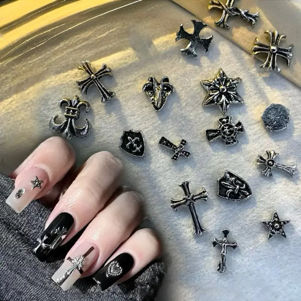 (Set of 50) Cross Nail Art Charms Set Gothic Metal Cross Studs 3D Nail Gems DIY Nail Art Supplies Punk Chrome Nail Decorations Kit for Acrylic Nails