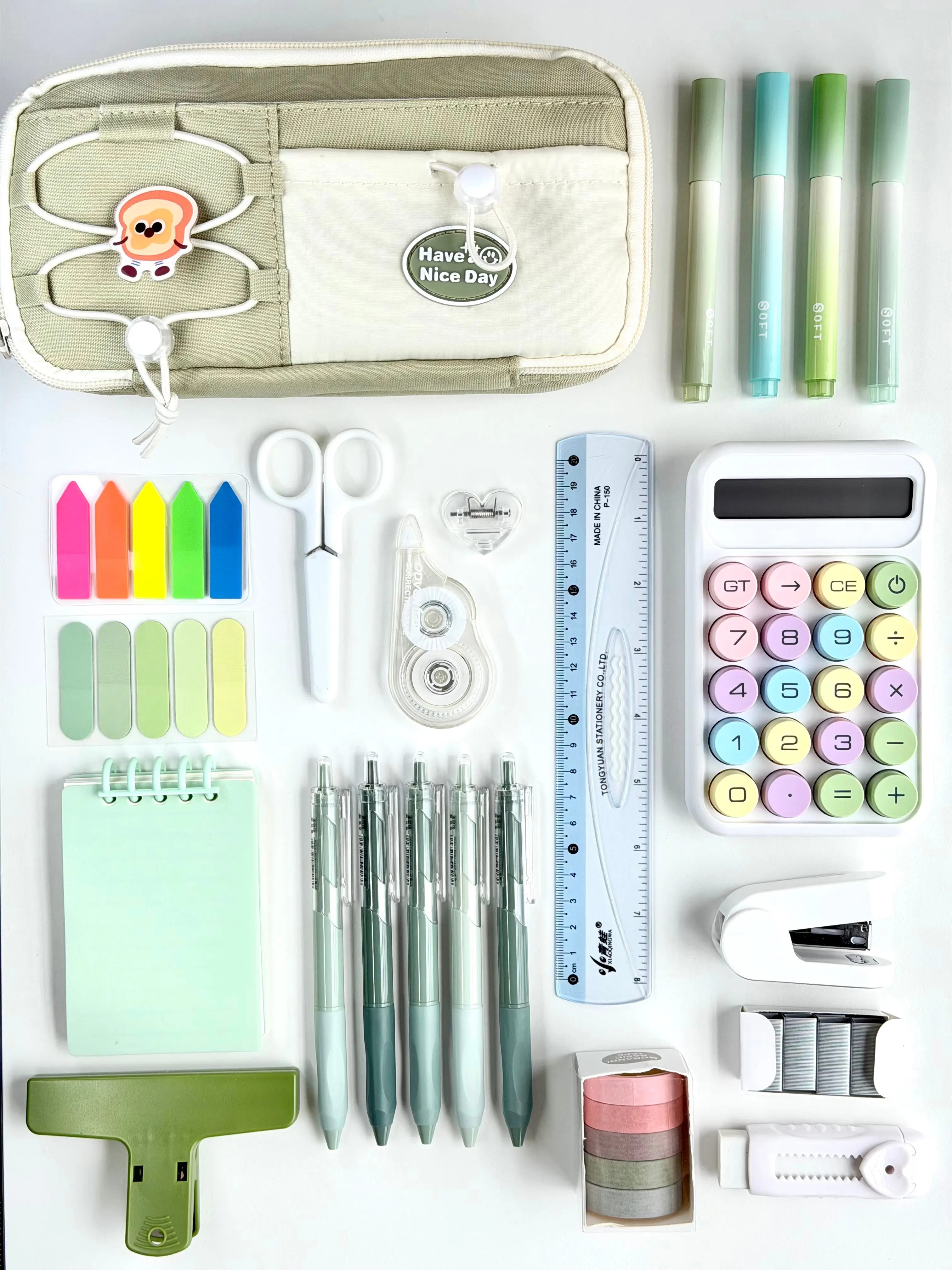 Green Stationery Set with Pencil Case, Calculator, Pens & School Supplies