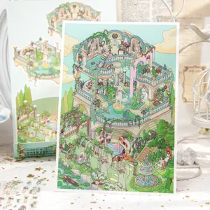 4 retro 3D landscape stickers with palace, plants, floral themes, vintage style, made waterproof PVC material, self adhesive, DIY planners scrapbook decoration journaling