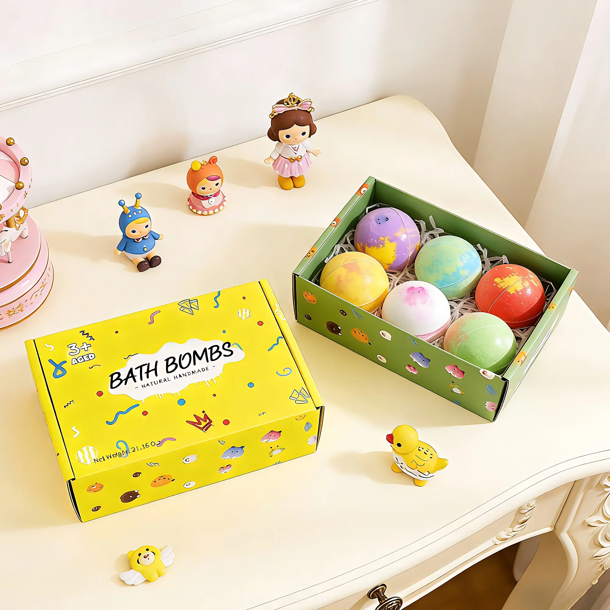 Toy Bath Ball Gift Box Set, Natural Handmade Multicolor Bath Balls, Gentle Formula, Fun Bubble Bath, Includes Cute Animal Toys