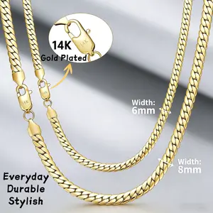 14K Real Gold-Plated Stainless Steel Jewelry Width 6MM/8MM Waterproof Abrasion Resistant Ltalian style Non-fading and Hypoallergenic Necklace Sizes 18/20/24 The Perfect Gift for Him and Her