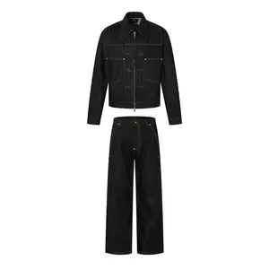 Men's casual denim suit: work jacket with double zippers, loose straight-leg pants for spring and autumn, vibe style Can be used with raincoat