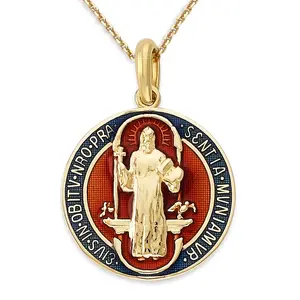 Saint Benedict Coin Pendant Necklace in Solid Gold, Double Sided Pendant