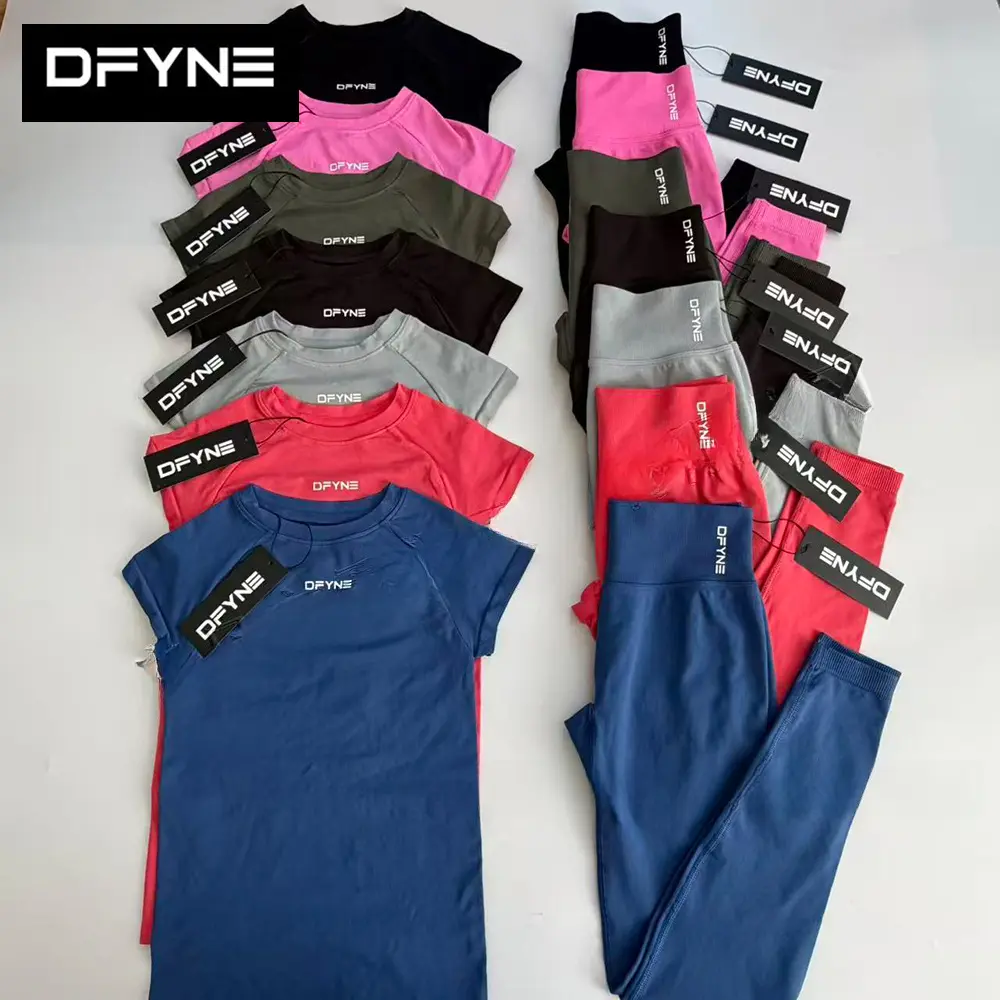 Women's DFYNE 2-Piece High Waist Tummy Control Seamless Leggings & Short Sleeve Round Neck Gym Set - Wear-Resistant, Multi-Size, Booty Lifting Activewear for Yoga, Workouts