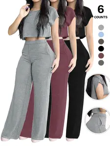 Women's 2-Piece Set, Casual Short Sleeve T-Shirt & Fitted Sweatpants, Plain Design, All-Season Wear, Ideal for Loungewear & School