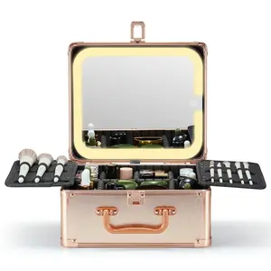 Makeup Box with A Detachable Lighted Mirror Metal Organiser Wall Rosegold baggu pouches Portable Large Capacity Makeup Bag vanity case