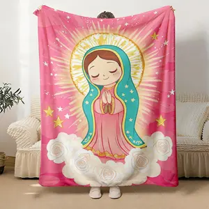 Virgin Mary and Our Lady of Guadalupe Blanket - Soft Fleece Bedspread for Catholics and Anime Fans - Lightweight Travel Bed Prayer Corner Use - Spanish Religious Design, Anime Print Comfort Blanket cozy