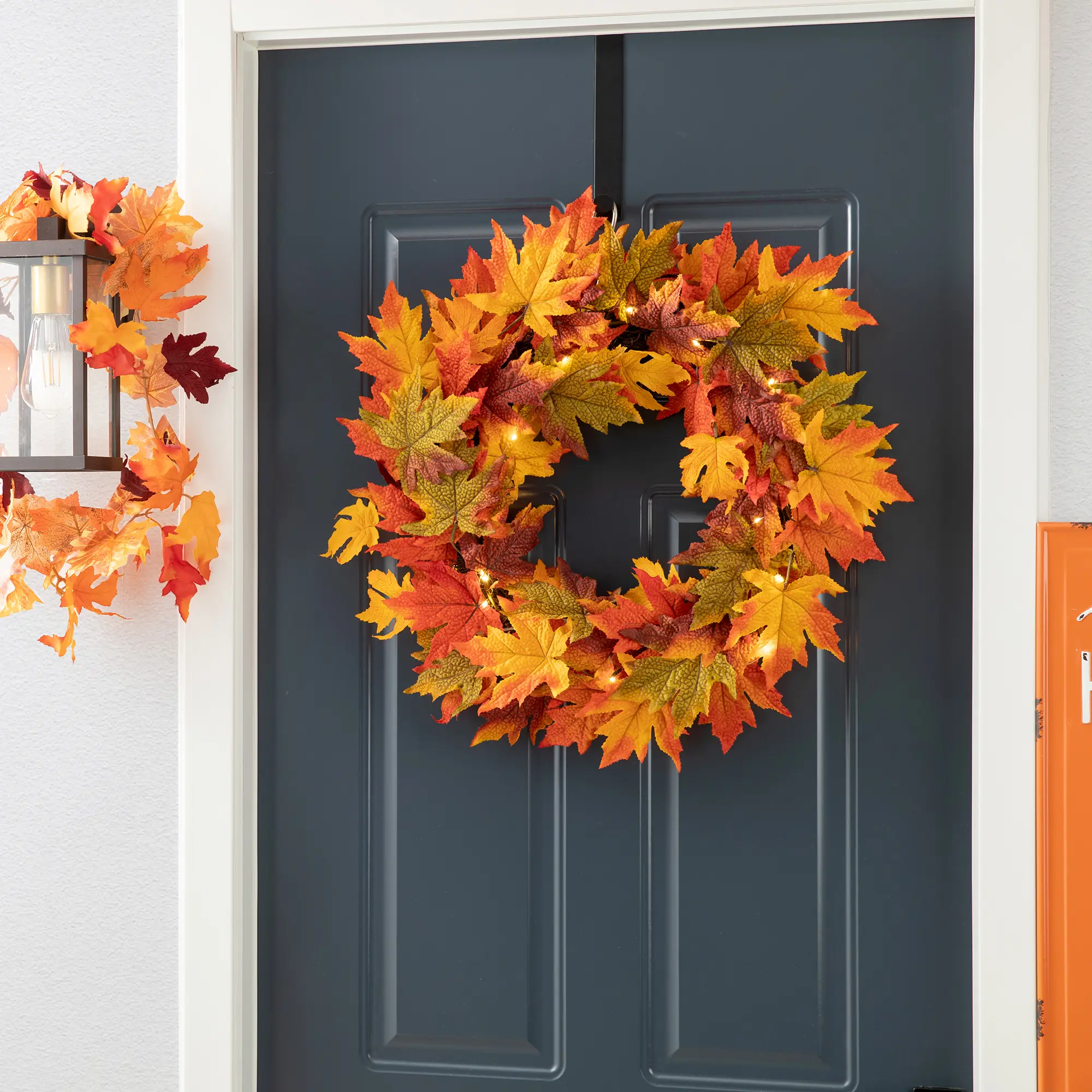 Glitzhome 24"D Fall Lighted Maple Leaves Wreath with timer Includes a Complimentary Black Metal Wreath Hanger