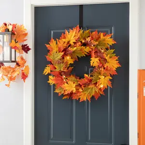 Glitzhome 24"D Fall Lighted Maple Leaves Wreath with timer Includes a Complimentary Black Metal Wreath Hanger
