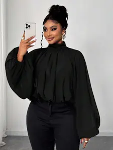 Maweii Plus Size Elegant Commuter Solid Color Stand Collar Lantern Sleeve Shirt