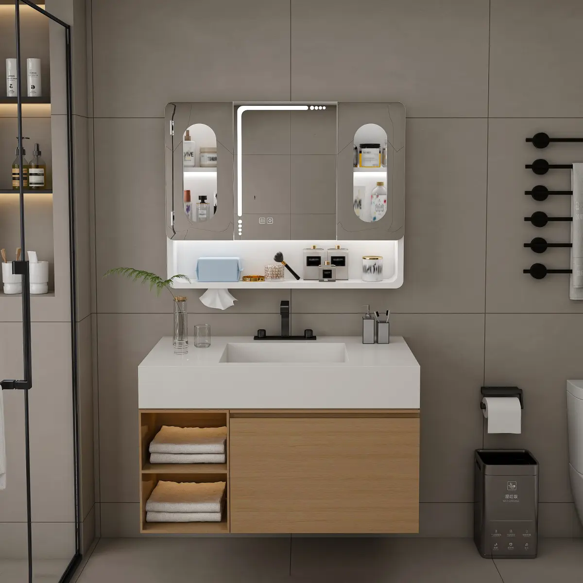 Wall Mounted Bathroom Storage Cabinet with LED Light Aluminum Double Door Medicine Cabinet with Shelves Hooks Hidden Storage Modern Organizer for Small Spaces Space-Saving Design Smart Multi-Storage Layout Silent Magnetic Door System Durable Aluminum