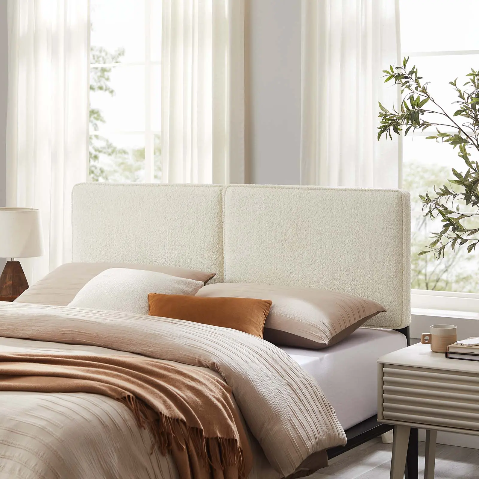 Modway Lindee Adjustable Fabric Upholstered Full Headboard, Cream Boucle Fabric Upholstered Headboard, Adjustable Upholstered Headboard