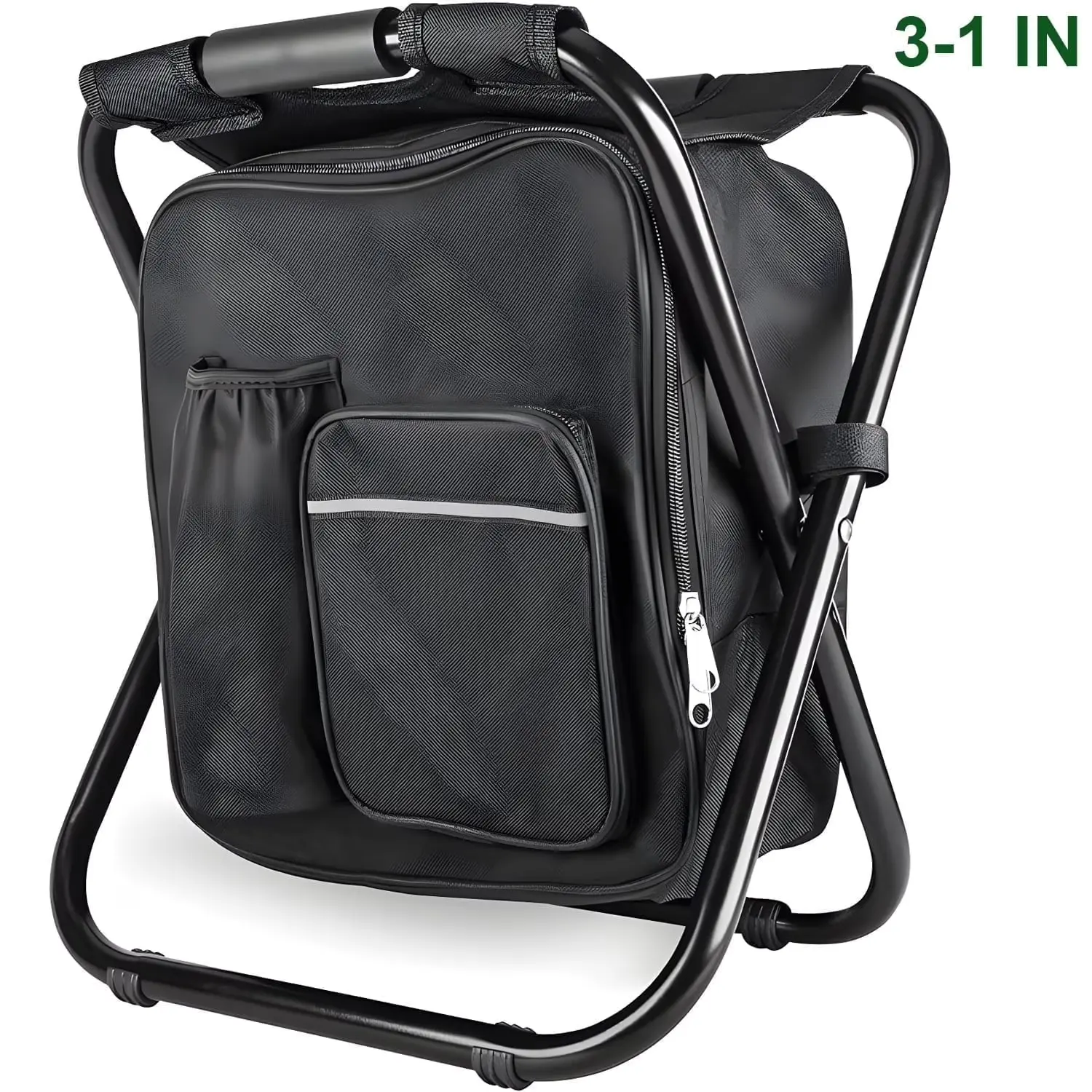 3-in-1 Folding Camping Chair Backpack with Insulated Cooler Bag, Portable Outdoor Stool, Black