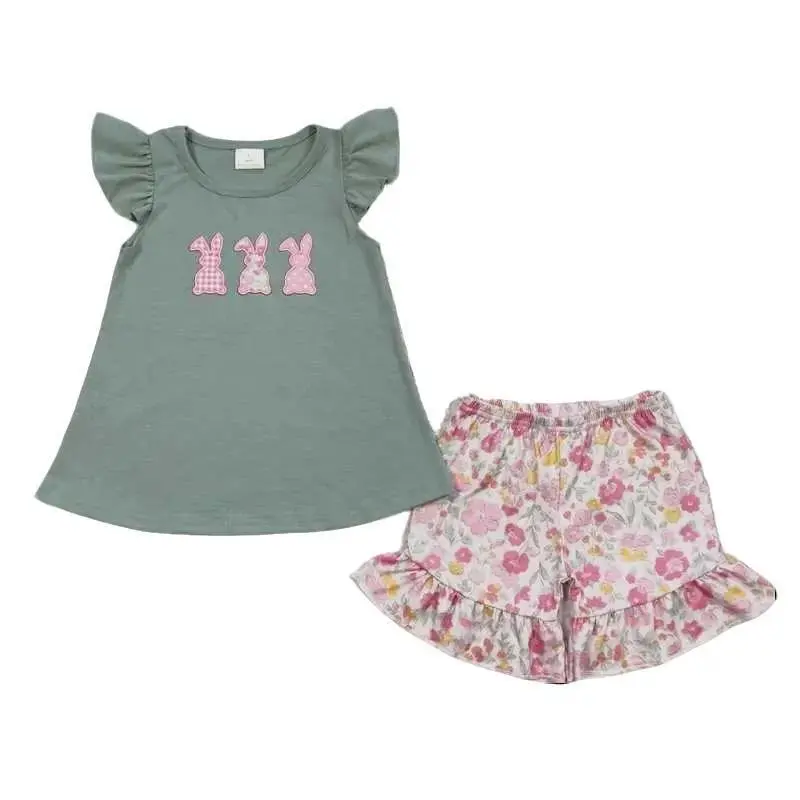 Easter Camo embroidery Bunny Print Girls Set