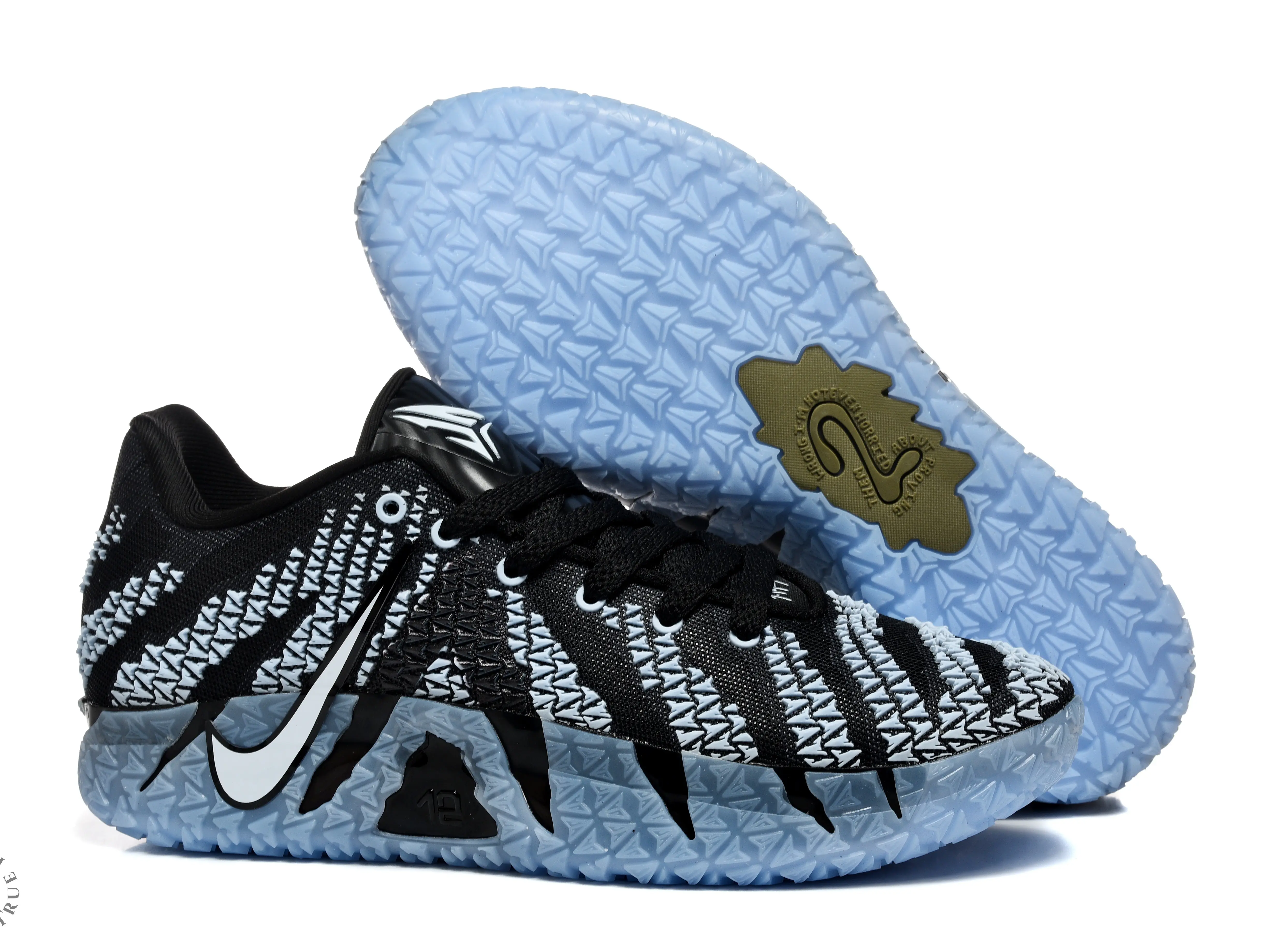 Black Zebra-Stripe Light Blue Outsole Knitted Low Top Basketball Sneakers | Premium Jacquard Mesh Upper & Shock-absorbing Inner Sole | Fit Basketball Training Daily Outdoor Trips | Unisex for Both Men and Women