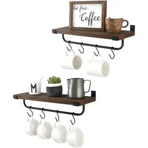 Set of 2 Wall Mounted Coffee Mug Holder Rack, Rustic Floating Wood Shelf for Coffee Bar Accessories, Tea Cup Hooks Hanger for Organizing Cooking Utensils, Brown Home Kitchen Decor