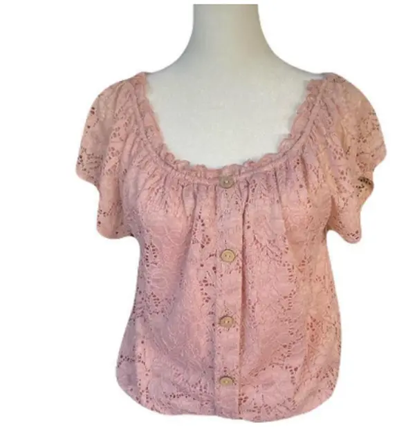 Blush pink lace faux button-up top blouse