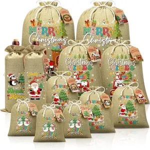 12 count Christmas Burlap Drawstring  Bags Christmas  Bags w/ Tags, Linen Xmas  Bag Assorted Sizes Bulk,  Large Medium Small Holiday Gifts Wrapping Bag for Present Party Favors Sacks