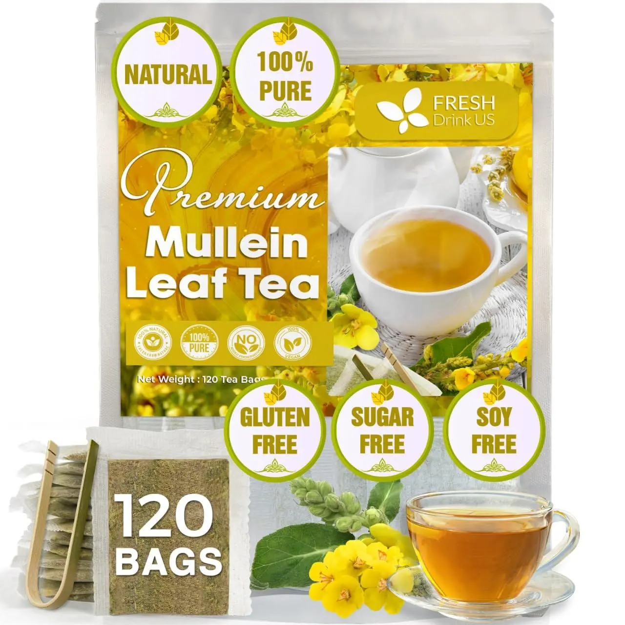 Premium 120 Mullein Leaf Tea Bags For Lung, 100% Natural & Pure from Mullein Leaves. Loose Leaf Mullein Herbal Tea. Made with Natural Material Tea Bags. No Sugar, No Caffeine, No Gluten, Vegan. Mullein detox, lung support