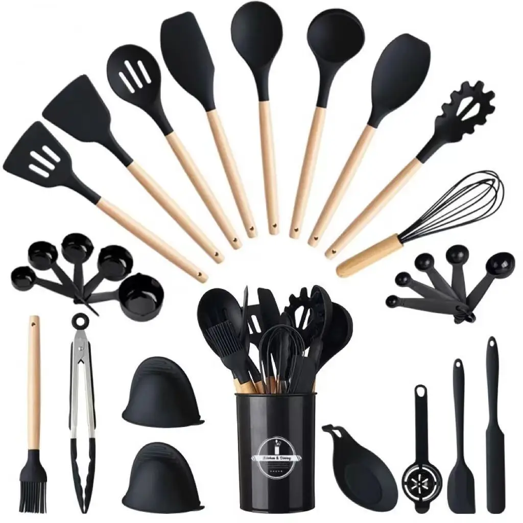 Cookware Set, Silicone Cooking Utensils Set, Including Spatula, Cooking Shovel, Spoon, Whisk, Colander, Summer Light Wooden Handle Cooking Utensils, K