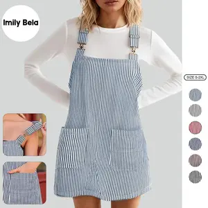 Imily Bela Womens Casual Denim Dress Summer Striped Overalls Romper Adjustable Straps Sleeveless Jean Dresses with Pockets