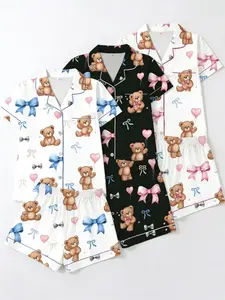 3 Pcs Bear Bow Short Sleeve Sleepwear Set, Cute Sweet Style, Open Front Collar, Girls' Home Leisure Clothing, All Seasons