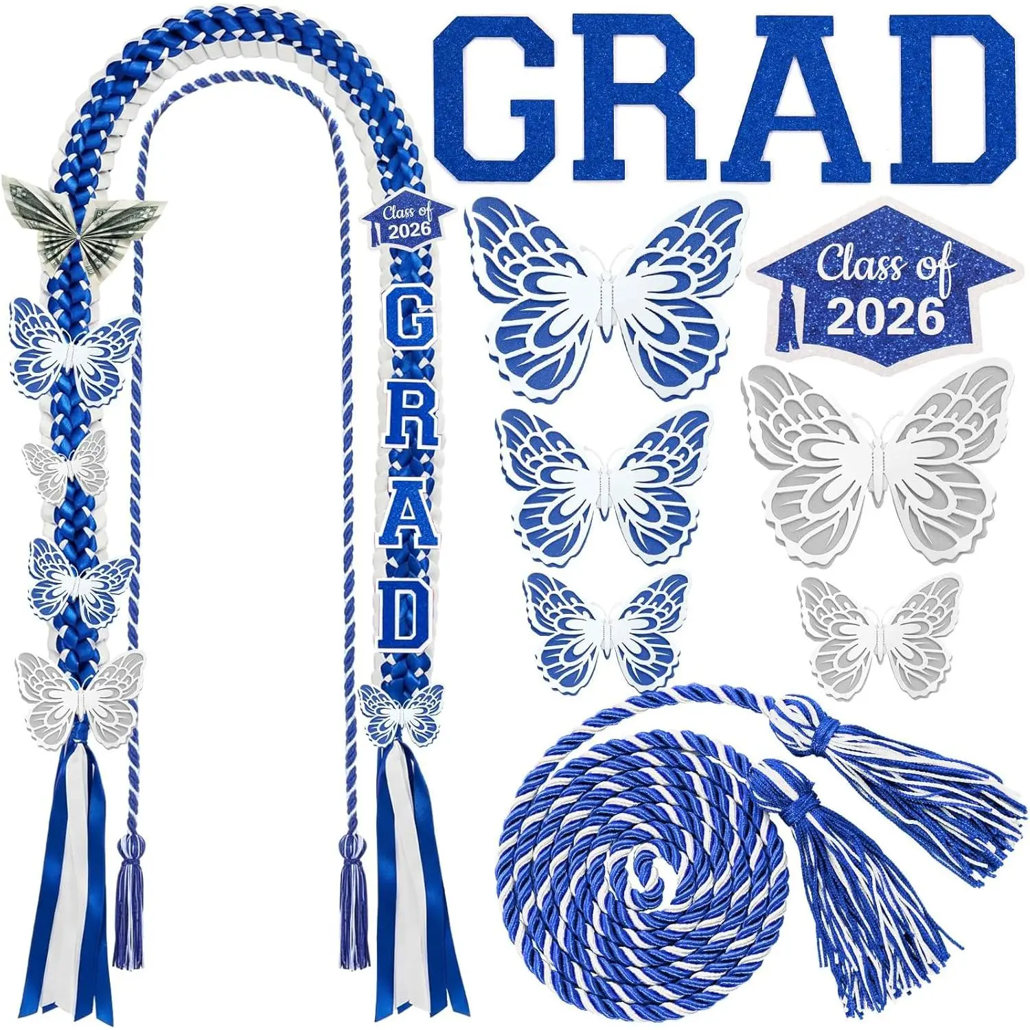 63'' Graduation Lei Set DIY Double Braided Class of 2026 Butterfly Grad Ribbon Leis with  Cord for Congrats Senior College Graduates Gifts