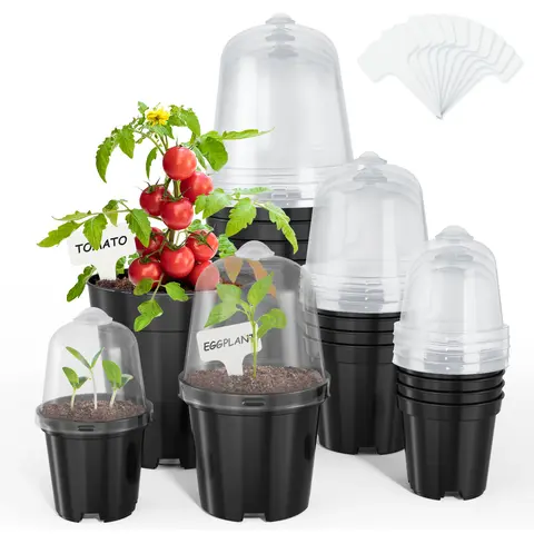 HOMENOTE Round Base Flower Pots for Seed Starting, 3/4/5-Inch Soft Texture Plastic Nursery Planters, Lightweight Sturdy with 9-Hole Water Drain, Transparent Lids & 10 Labels (Black 3-Inch 30pcs Lid Option)