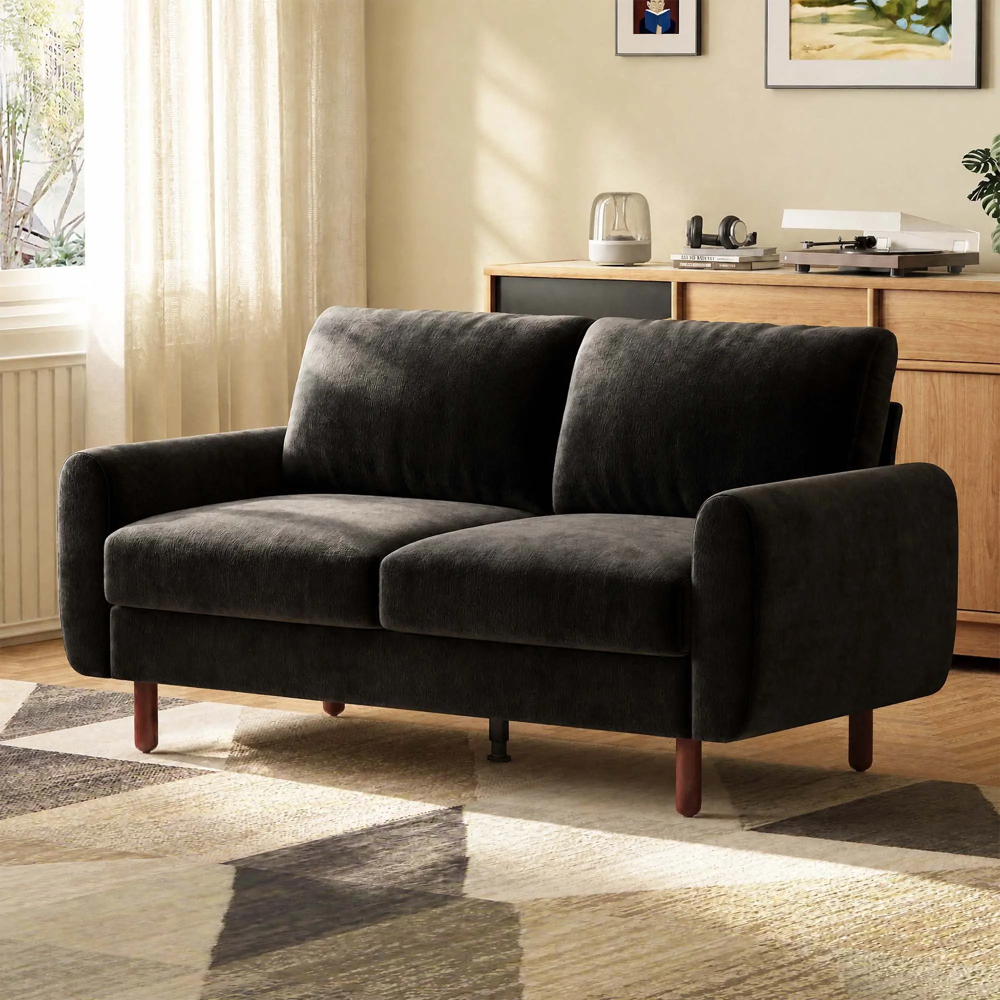 GuroMagicSofa 2-Seat 68in Wide Modern Small Studio Loveseat Couch - Wide Arms, Wood Legs, Assembly Required - Compact Indoor Living Room Furniture for Small Spaces, All Black