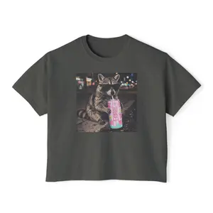 Women's Boxy Alani Raccoon Cropped Streetwear T-Shirt - Shortleeve Cotton, Smooth Fabric, Jacket-Inspired, Everyday Casual Wear