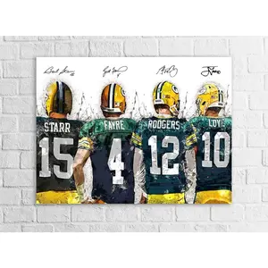 [UNFRAMED] Jordan Love Aaron Rodgers Brett Favre Bart Starr Poster Highlighting Generations of Greatness, Green Bay Football Wall Art for Fans Home Decor