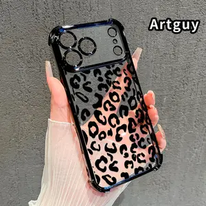 Black Vintage Leopard Print Pattern Four Corner Anti-Fall Phone Case Transparent Electroplated Protective Cover for iPhone 17 Pro Max Air 16 15 Plus 14 13 12 11 E