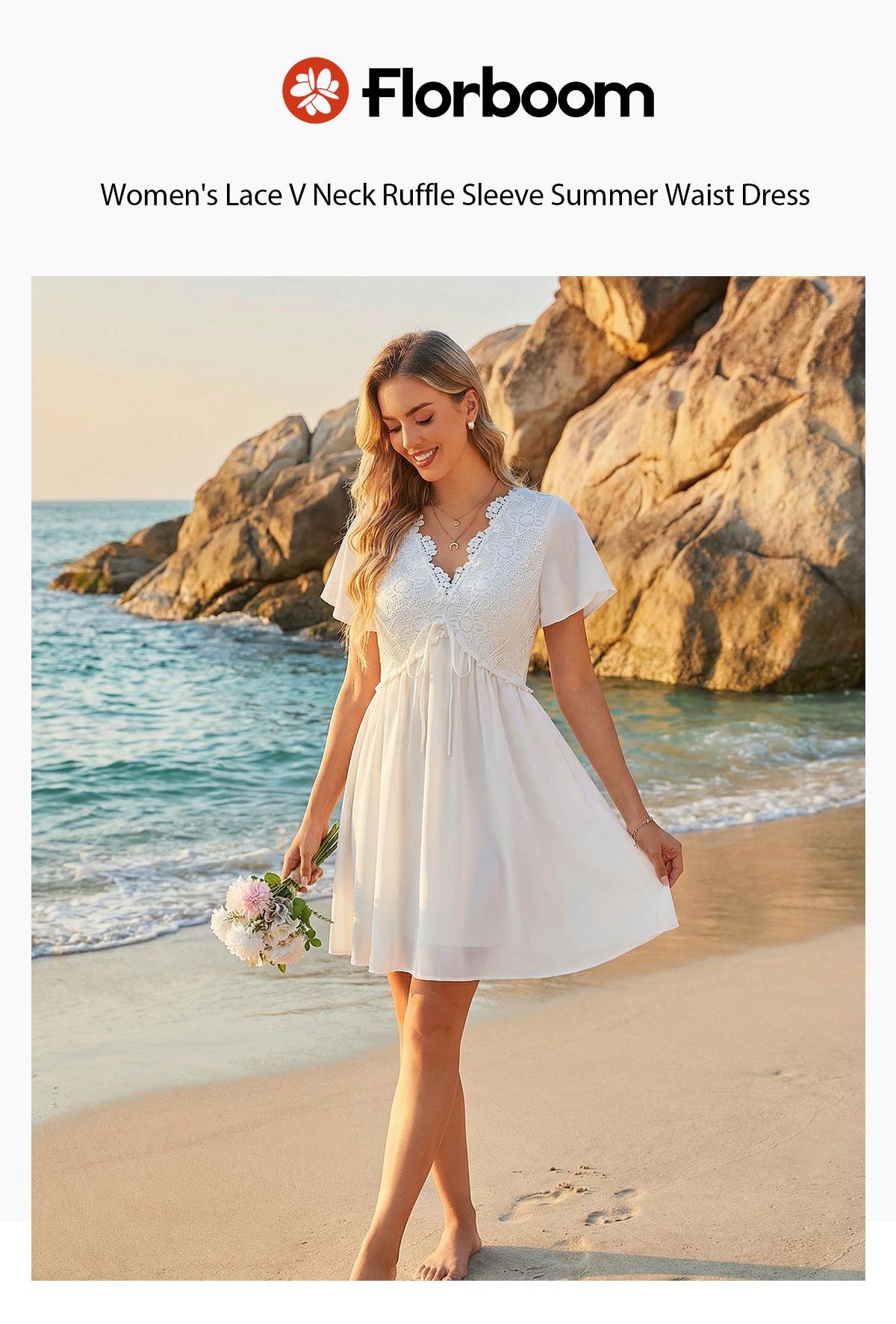 Florboom Women's Floral Lace Boho Deep V Neck Mini Dress Flutter Short Sleeve A-Line Flowy Dresses Perfect for Family Pictures,Wedding Guest, Bride, Baby Shower, Easter, Church