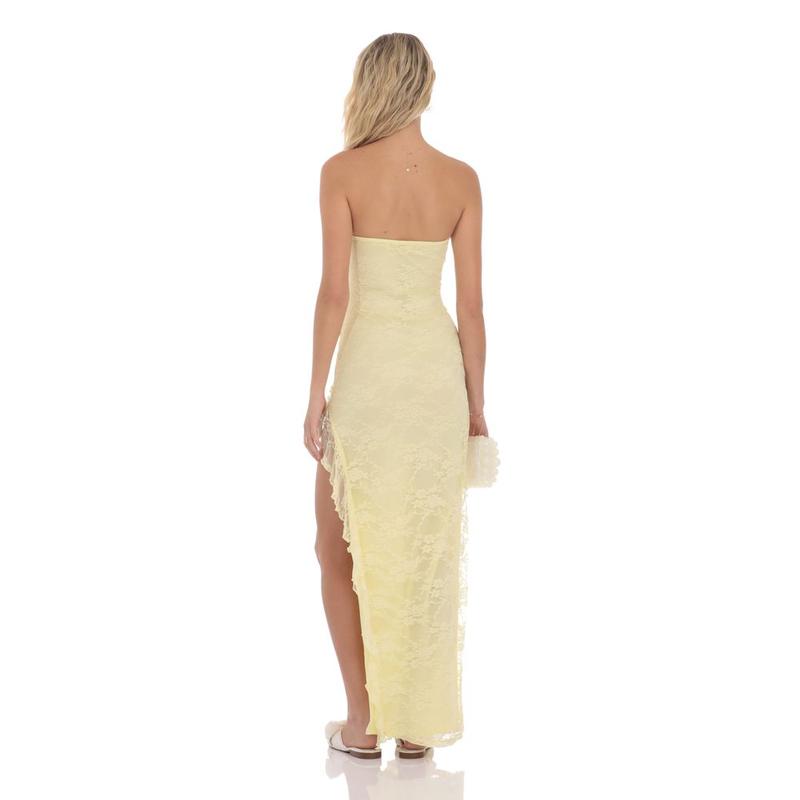 Lace Ruffle Slit Maxi Dress in Yellow